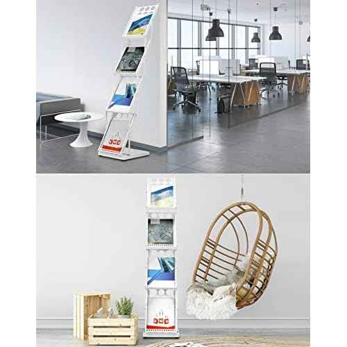 QWORK Foldable Brochure Display Stand, Magazine Brochure Display Rack Stand, 4 Pocket Literature CatalogTradeshow Display Stand, for Office Store and Exhibition Trade Show (White)