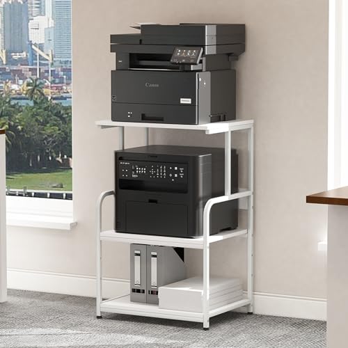 Printer Stand with Storage Shelf,3 Tier Printer Cart with Wheels,Mobile Printer Table for Home Office,Stands for Printer Heat Press Scanner Fax,Industrial Style (White)