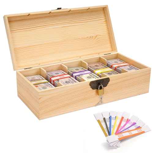 Wooden Locking Currency Money Cash Tray with Coin Tray, 5 Compartment Wooden Cash Money Currency Organizer Storage Change Box Case Holder Moneyboxes with Lockable Cover 300 Money Wrappers