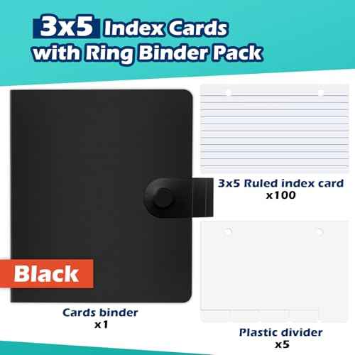 3x5 Lined Index Cards with Ring Binder Holder and Dividers, 100 Ruled Cards, Black