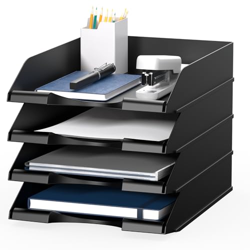 Delifox 4 Pack Black Stackable Paper Trays for Letter Documents Desktop Organizer