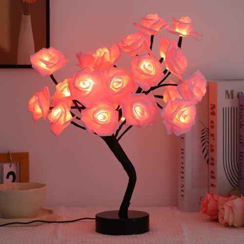 Drawelry Rose Flower Tree Lamp - LED Rose Tree Table Lamp USB/Battery Powered Artificial Bonsai Flower Night Light for Bedroom Living Room Party Wedding Birthday Decor (Pink)