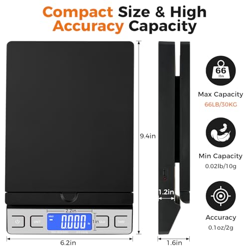TIPRE Black Digital Shipping Scale 66lb with Fold-up Mail Stand, 0.1oz Precision