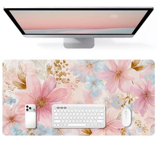 UGYAZX Pastel Pink Blue Floral Watercolor Desk Mat for Keyboard & Mouse 31.5x15.7 in - Waterproof Non-Slip Office & Gaming Pad
