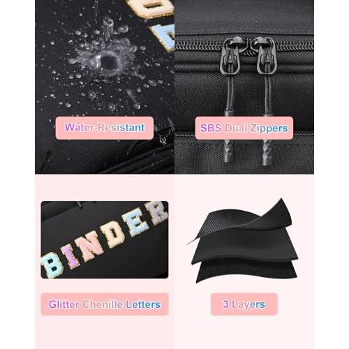 3 Ring Zipper Binder 3 Inch D Rings with Double Water Bottle, Cute Water-Resistant Zip Up Middle School Binder, 700-Sheet Capacity Organizer & Multiple Pockets & Shoulder Strap & Laptop, Black