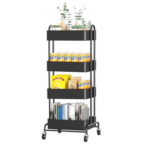 Ceayell Metal Rolling Storage Cart Heavy Duty Utility Cart Organizer with Lockable Wheels (Black, 4-Tier)