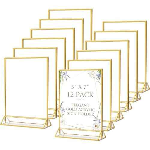 MaxGear 5x7 Gold Acrylic Sign Holder 12 Pack, Gold Table Number Holders, Mini Frames Double Sided Acrylic Picture Frames Photo Stand, Clear Menu Flyer Stand for Wedding, Home, Restaurant