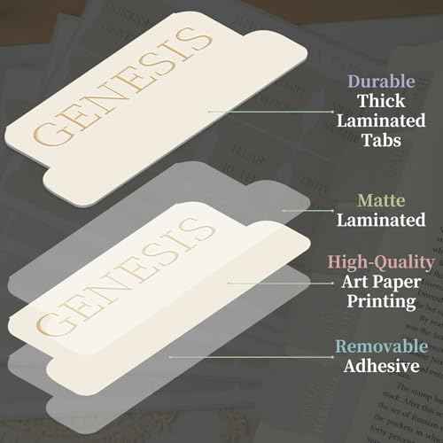 Bible Tabs for Women and Men, 75 Laminated Index Tabs with Embossed Gold Foil Lettering, Durable Neutral Bible Study Tabs for Easy Navigation, Bible Journaling Supplies