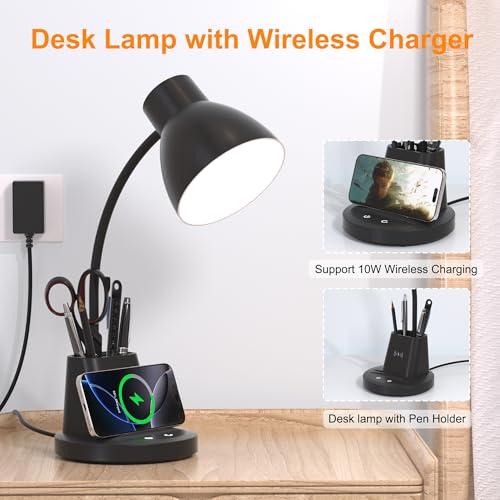 Black 10W Wireless Charging LED Desk Lamp with Pen Holder - Eye-Caring, Adjustable Brightness