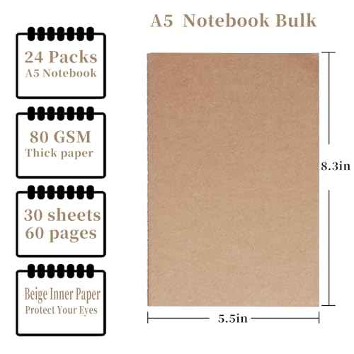 72 Pack A5 Kraft Notebooks Bulk, Lined Paper Journaling Notebooks, 8.3x5.5in 60 Pages Composition Notebook Travel Journal Set for Work, School, Students,Kids, Gift, Office, Back to school Supplies