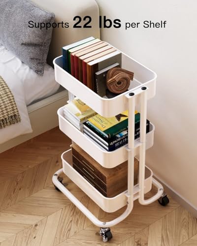 Pipishell White 3-Tier Rolling Utility Cart with Lockable Wheels, 3-Stage