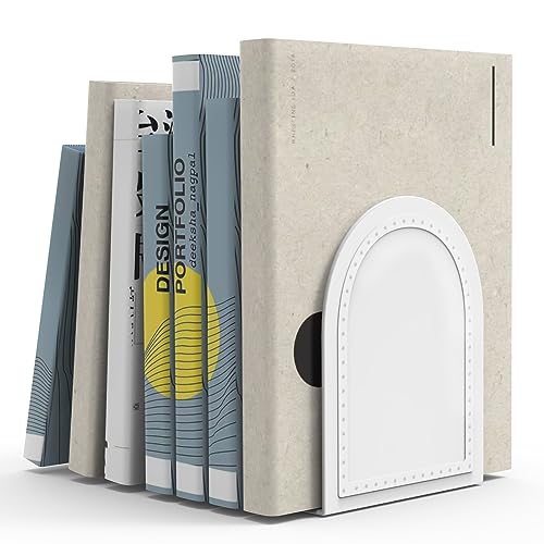 White Metal Bookends with Anti-Slip Design - Heavy Duty Book Ends, 1 Pair
