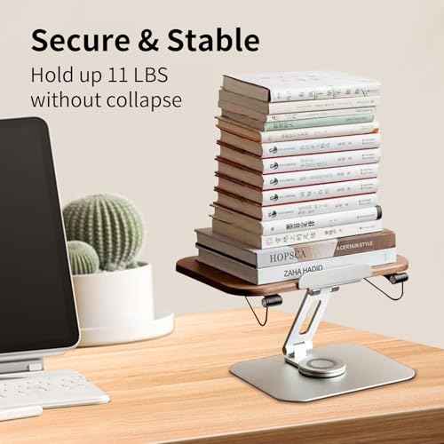Book Stand for Reading, Mayhas Adjustable Book Holder with 360¡Æ Swivel Base&Page Clips, Foldable Desktop Stand for Cookbook, Fits All Books (Walnut, Aluminum Base)