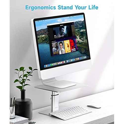 BoYata Monitor Riser Stand, Adjustable Height Metal Desktop Stand Storage Organizer Compatible with TV, PC, Laptop, Computer, iMac, and All Screen Display-Silver