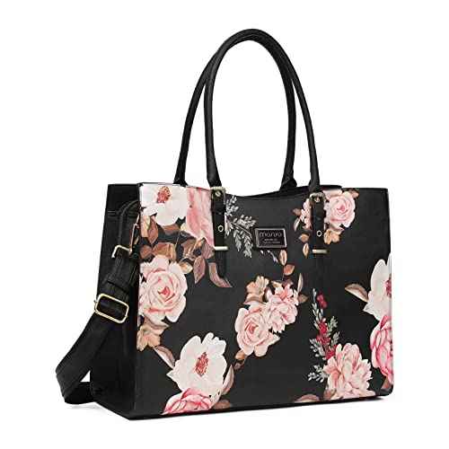 MOSISO Laptop Tote Bag Compatible with MacBook Air 15 inch M3 M2/Pro 16 M4 M3 M2 M1 & 15-15.6 inch Notebook, Peony Waterproof PU Leather Travel Work Briefcase with Adjustable PU Handle, Black