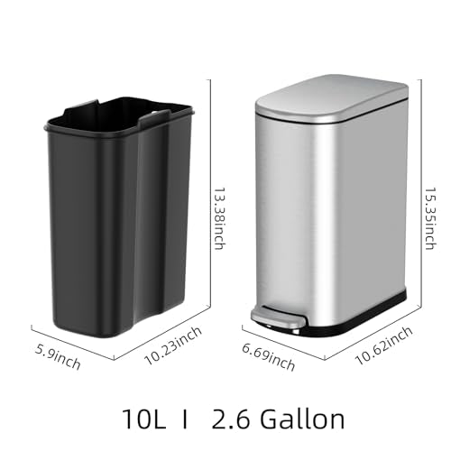 KSSKSS Silver 2.6 Gallon Slim Stainless Steel Trash Can with Soft Close Lid