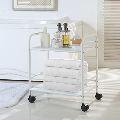 SunnyPoint 2-Tier Metal Rolling Utility Cart ? Mobile Storage Shelf with Caster Wheels ? Small Space Organizer for Home, Office, Bedroom, Kitchen (WHT)