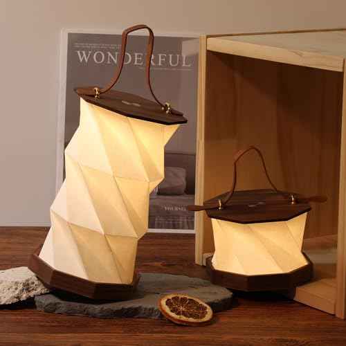Ba sus Wooden Rotating Table Lamp, Warm Light Design with Leather Handle, Long Press Dimming Function, Built-in Battery & USB Rechargeable, Adjustable Heights for Bedroom, Living Room, Camping