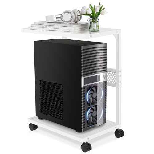 Liitrton PC Tower Stand 2-Tier CPU Stand with Locking Caster Wheels for Office & Home - Iron-White