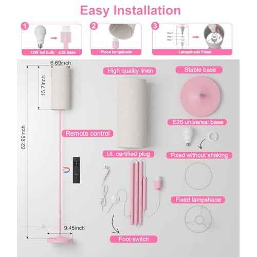 luckystyle LED Floor Lamp for Living Room, Dimmable Tall Lamps with Foot Switch,Remote Custom Color Temperature Pink Pole Lamp with Lampshade,12W Led Bulb Standing Lamps for Bedroom Office Kid Room
