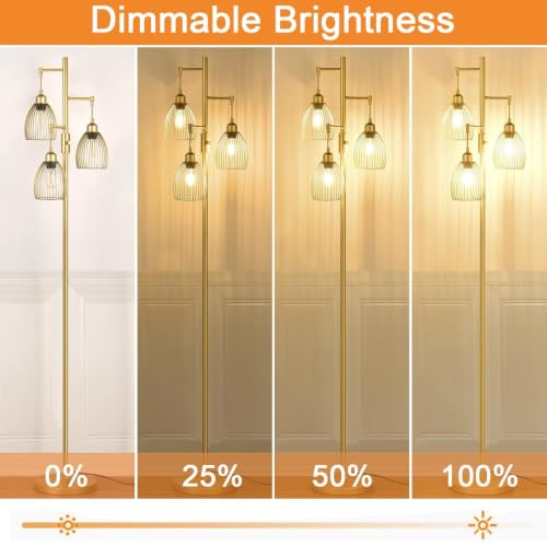 Torondo Gold Dimmable Industrial Floor Lamp with Teardrop Cage & 800 Lumens LED for Living Room & Bedroom