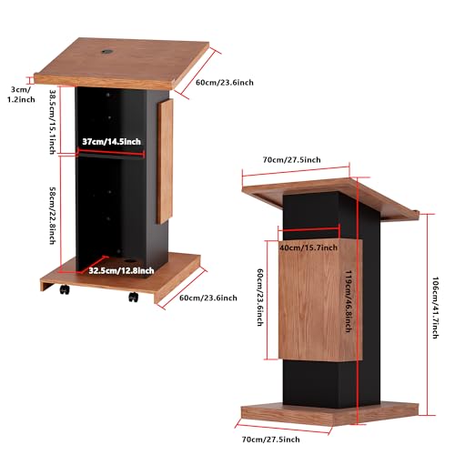 LayBurst Podium Stand with Lockable Wheels - Wood Lectern with Storage (Wood & Black) 15mm Particle Board