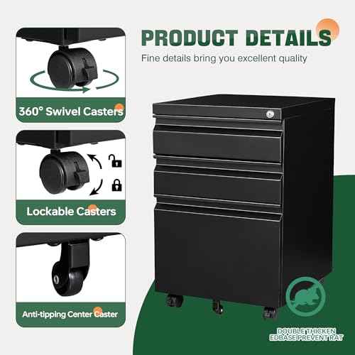 Letaya 3 Drawer Mobile File Cabinet with Lock,Under Desk Metal Filing Cabinets for Home Office Organizer Letters/Legal/A4((Fully Assembled-Black)