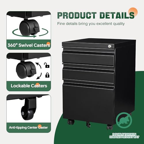 Letaya 3-Drawer Mobile Metal File Cabinet 14.57x17.32x24.40in Black Locking Under Desk Organizer