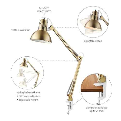 GLOBE Electric 62000010 32" Multi-Joint Desk Lamp with Metal Clamp, Matte Brass, White Accents, On/Off Rotary Switch on Shade, Partially Adjustable Swing Arm, Home D?cor, Office Accessory