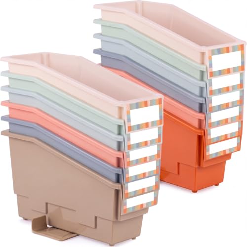 Geetery 12 Pack Non-Tip Book Bins with Stabilizer Wings, Labels, Earth Tone