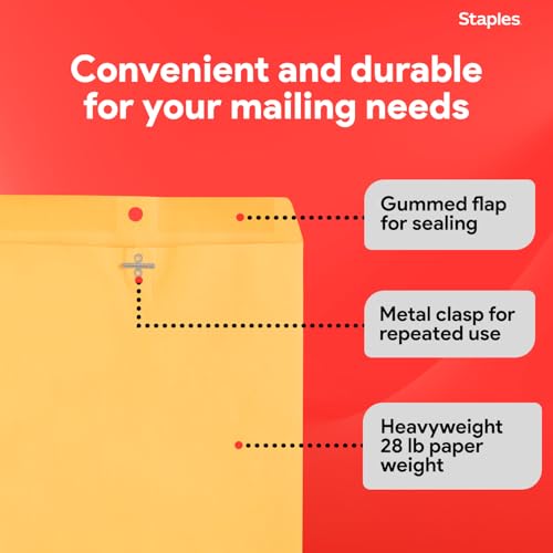 Staples 9x12 Kraft Clasp Envelopes Brown Manila 250 Pack - Secure Closure, Bulk Office Supplies