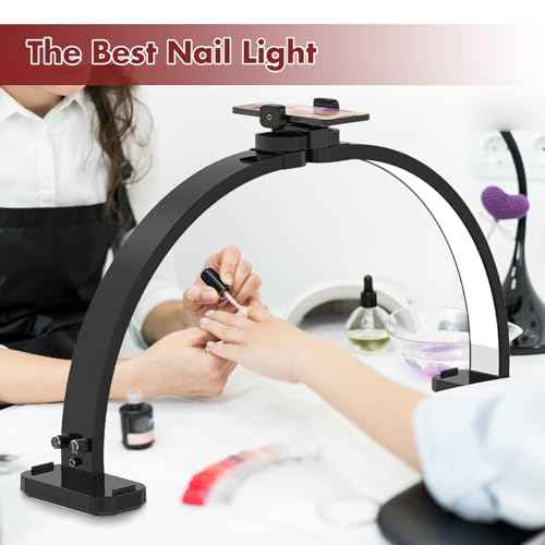 FAHKNS Half Moon Light for Nail Desk with Phone Holder, Upgraded 28-inch Foldable Half-Moon Lamp, LED Light for Manicure, Eyelash Extension, Tattooing, Craft, Black