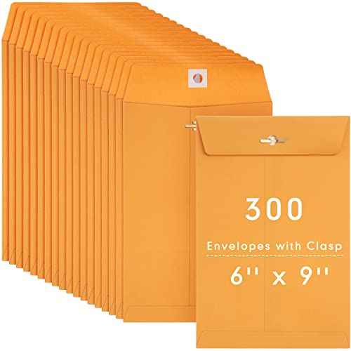 300 Pcs 6 x 9 Manilla Envelopes Clasp Kraft Catalog Envelope with Clasps Closure for Storing Mailing 28 lb Kraft Paper for Office Document Business School(Yellow)