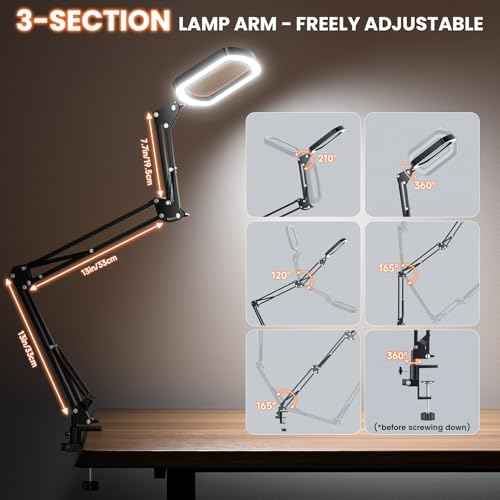 10X Rectangle Magnifying Glass with Light, 3 Arms 5 Color Modes Large Magnifying Glasses with Clamp, Lighted Desk Lamp Magnifier Hands Free for Crafts Jeweller Repair Painting Close Work Hobbies