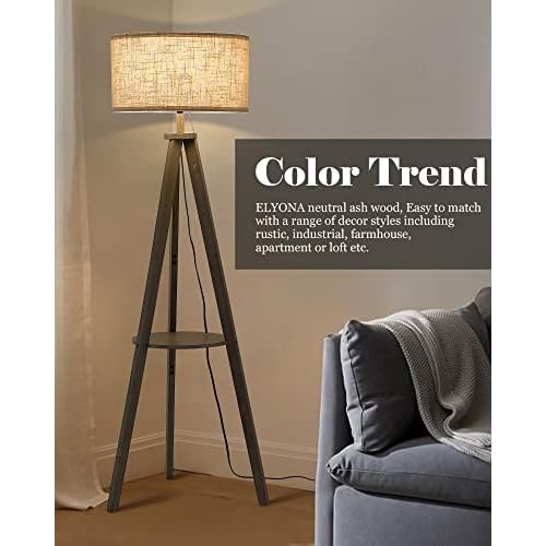 ELYONA Tripod Floor Lamp with 3 Color Temperatures LED Blub, Wood Floor Lamp with Table - Farmhouse Tall Reading Standing Light for Living Room, Bedroom, Office, Study Room, Pull Chain Controls, Grey