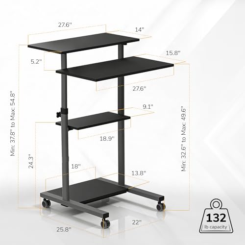 Mount-It! Grey Rolling Standing Desk on Wheels, 54.7" Adjustable Height, 27.5" Wide Mobile Workstation