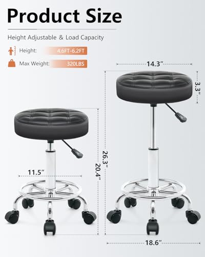 ACFOUL Rolling Stool with Wheels, Black – Adjustable PU Leather Office Chair with Footrest
