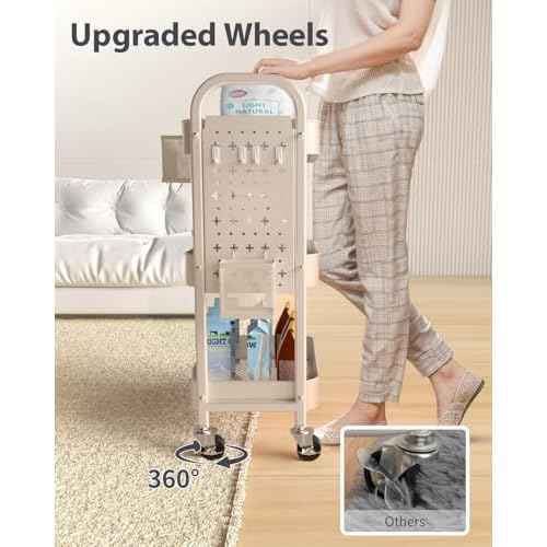 ALVOROG 3 Tier Rolling Cart with DIY Pegboards Metal Utility Cart with Wheels Handles Baskets Hooks, Craft Cart for Office Kitchen Bathroom(Khaki)