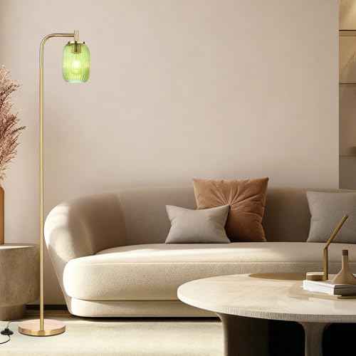 Glass Floor Lamp for Living Room, Bedroom, Modern Green Ribbed Glass Standing Lamp with Pedal Switch, 67'' Tall, Brushed Gold