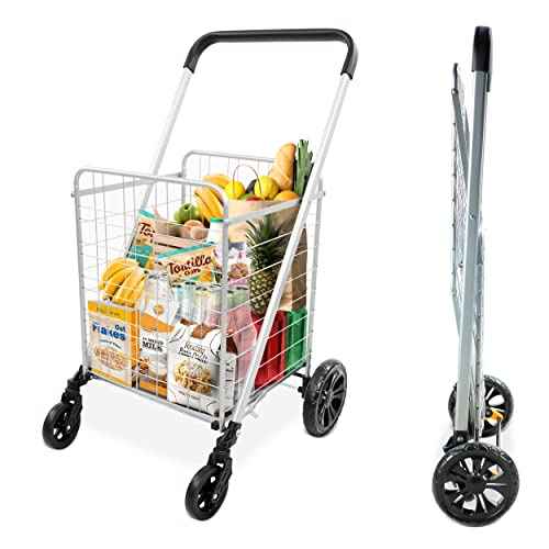 BISupply Foldable Shopping Cart with 360¡Æ Swivel Castor Wheels - Lightweight Heavy Duty Utility Grocery Cart with 330 lbs Weight Capacity for Groceries, Laundry, Luggage, Travel, and Tailgating
