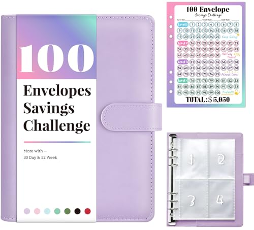 A5 Purple Leather Money Saving Challenge Binder with 100 Envelopes & Tracker