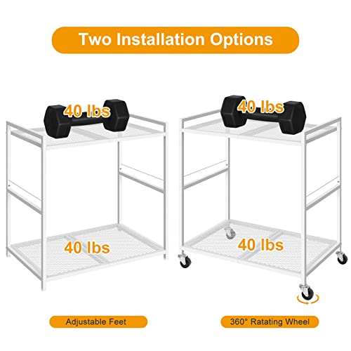 Computer Tower Stand, PC Tower Stand Metal Rolling Cart Holds up to 40lbs, 2 Tier Mobile Printer Stand with Storage Under Desk for Home & Office, White
