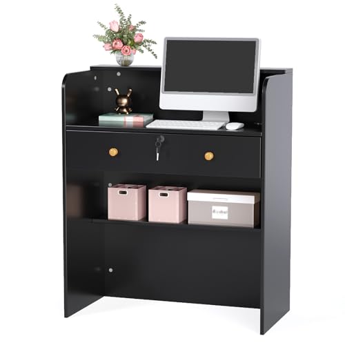 OmySalon Black 32" Reception Desk with Lockable Drawer, Modern Wooden Front Counter for Salon & Office