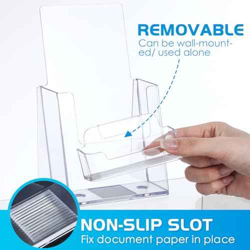 8 Sets Acrylic Brochure Holder 4'' x 9'' Brochure Display Stand Pamphlet Flyer Stand Plastic Flyer Holder with Business Card Case for Magazine Literature Booklets Menu Journals
