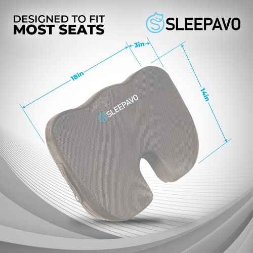 Sleepavo Gray Memory Foam Seat Cushion for Office Chair - Cooling Gel Pillow for Sciatica Coccyx Back Tailbone and Lower Back Pain Relief - Chair Pad for Lumbar Support in Office Desk, Car, Airplane
