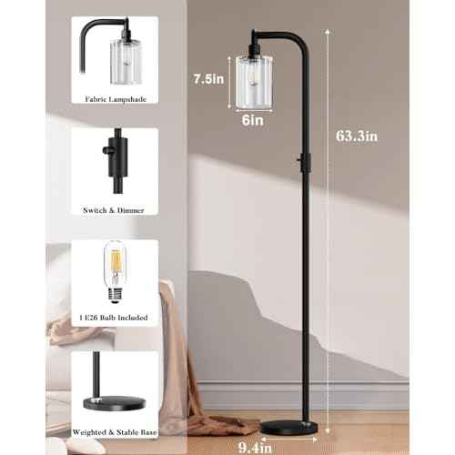 Lightdot 63IN Glass Floor Lamp for Living Room, Dimmable Modern Standing Tall Lamps with Clear Glass Lampshade, Mid Century Industrial Floor Lamp with 3000K Warm White for Bedroom Office-Black