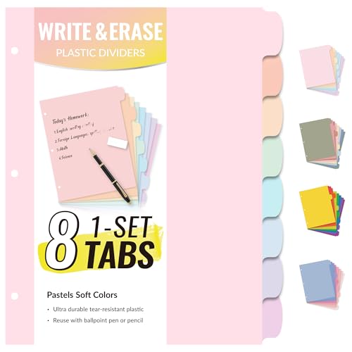 Sooez Pastel Color Plastic Binder Dividers with Tabs, Write & Erase, 8-Pack