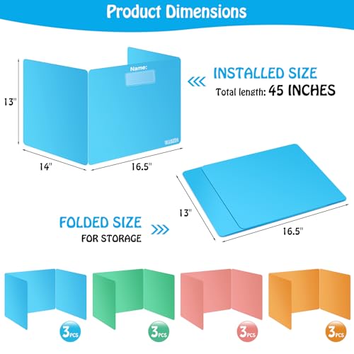 Colorful 12-Pack Desk Dividers for Students, Durable Plastic Study Carrel Divider, Easy to Clean Privacy Classroom Shield Folder Boards for Student Desk Pink Orange Blue Green