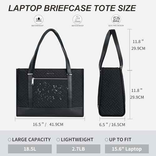 EMPSIGN Laptop Tote Bag for Women 16 Inch, Stylish Computer Shoulder Tote Bag for Work, Large Capacity Quilted Laptop Briefcase, Waterproof Women Business Office Bag, Quilted Black