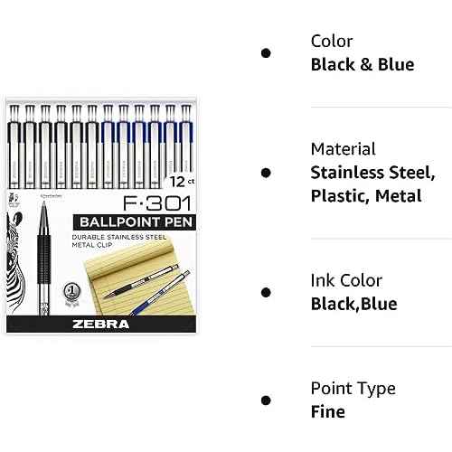 Zebra F-301 0.7mm Fine Point Pen - Pack of 12; 6 Black & 6 Blue Retractable Ballpoint Pen with Stainless Steel Barrel